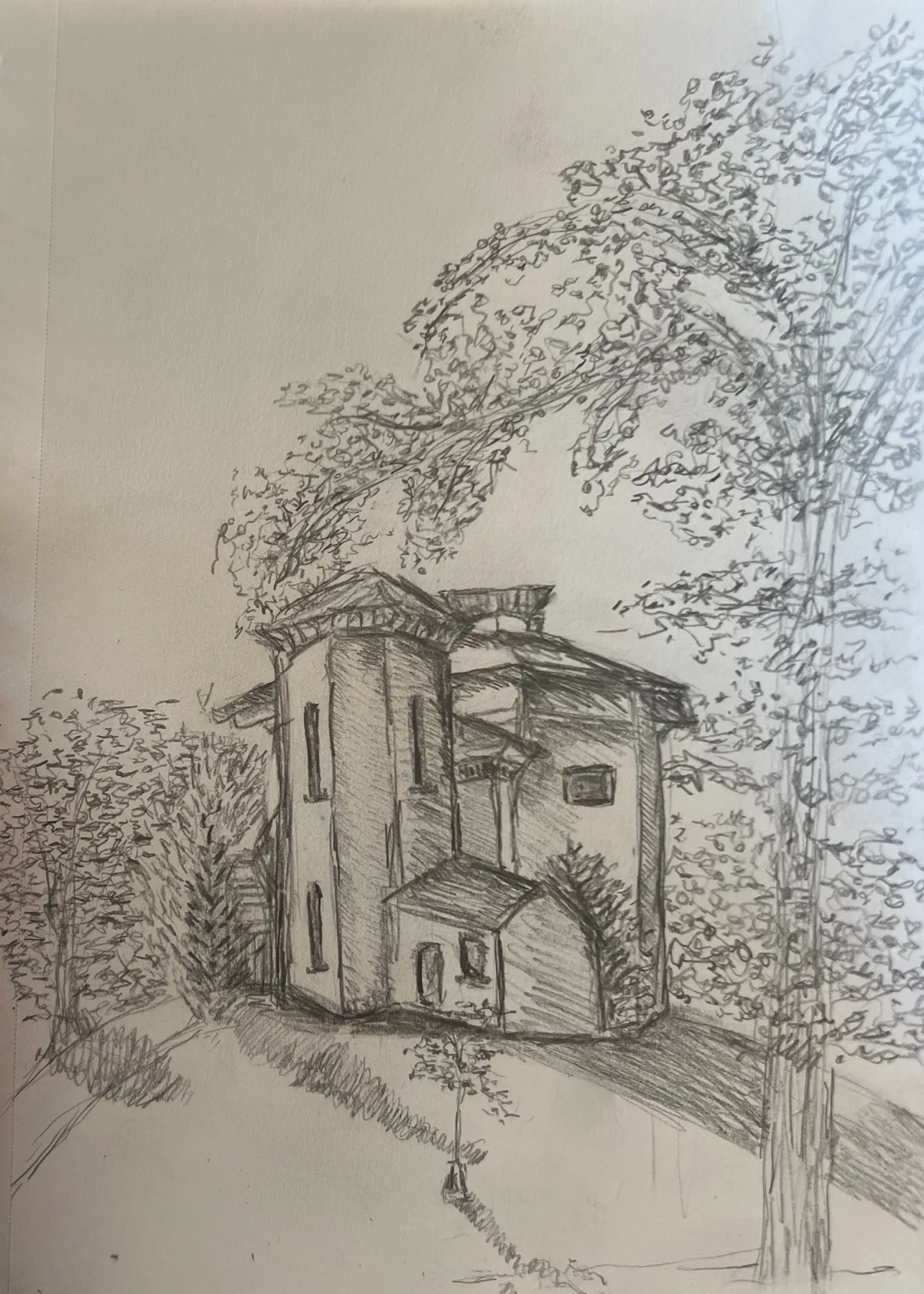 Architectural ink drawing surrounded by trees