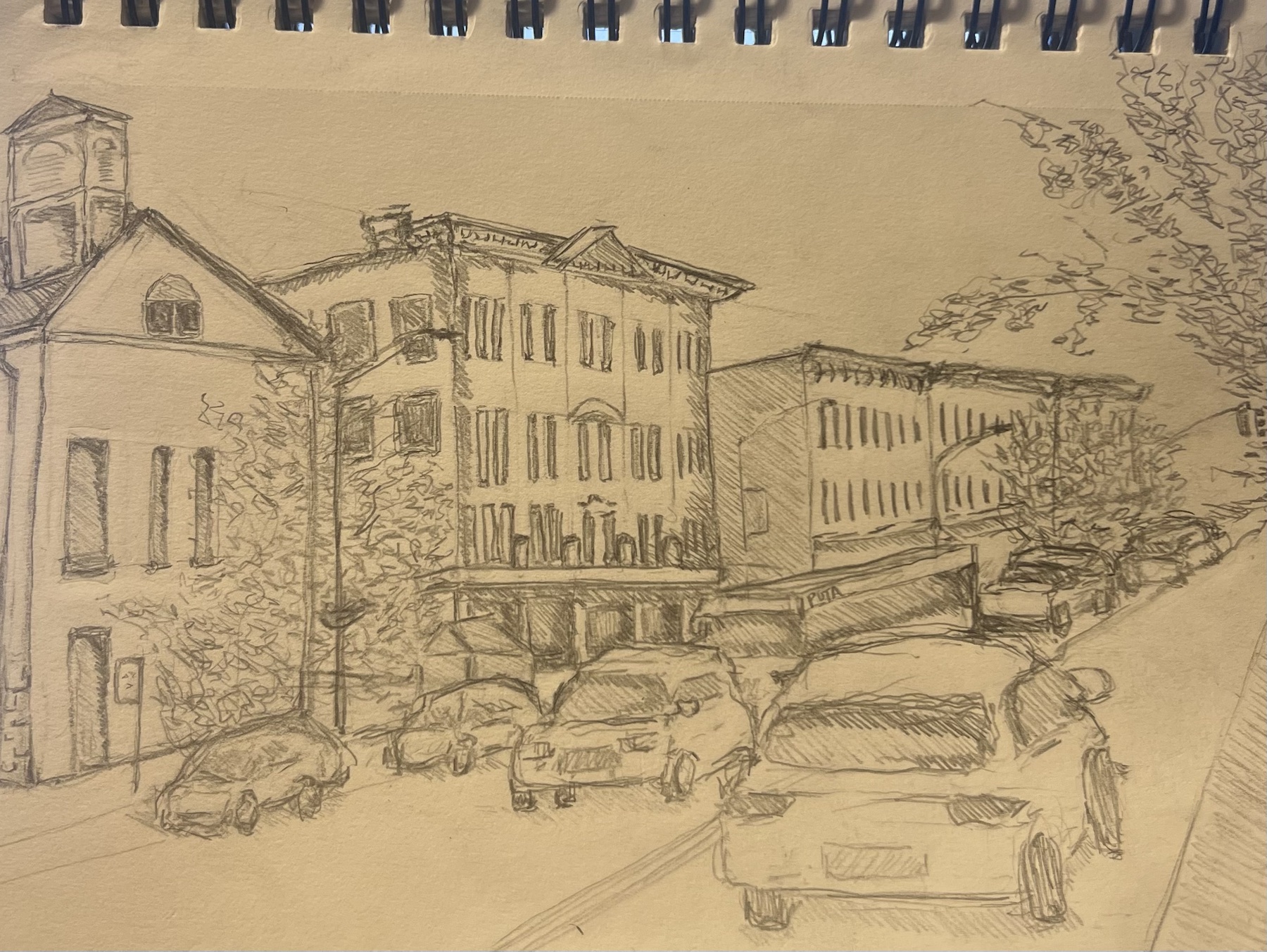 Urban streetscape pencil drawing