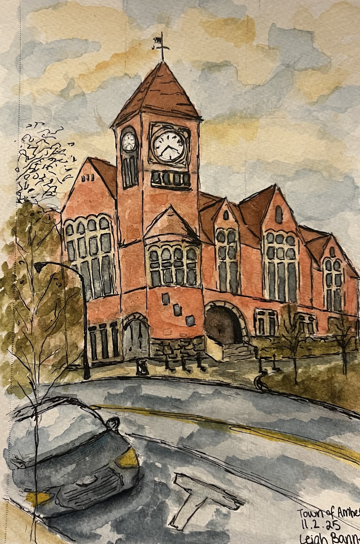 Watercolor architectural study of a clock tower