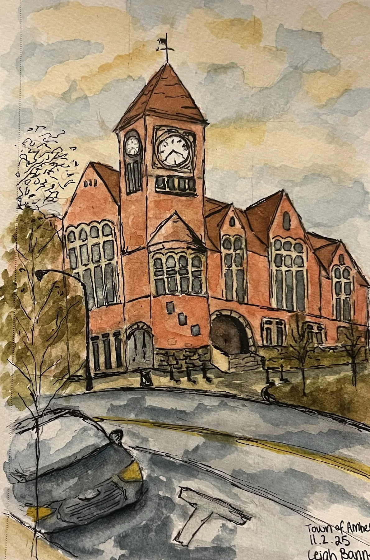 Watercolor architectural study of a clock tower