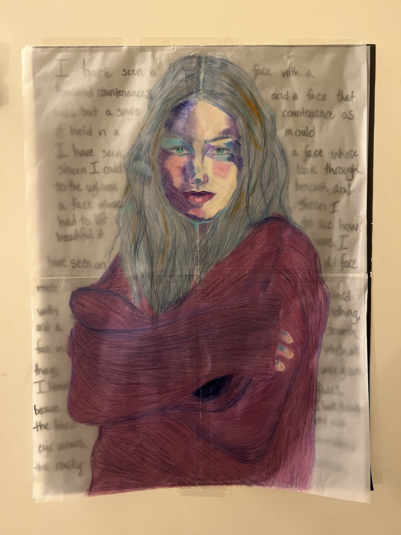 Layered portrait in a red sweater with handwritten text