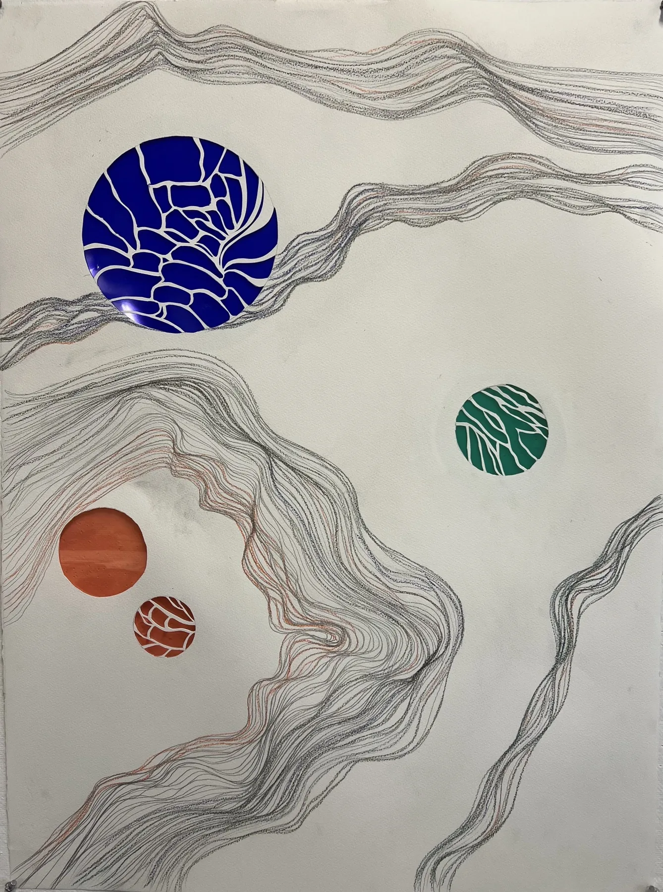 Abstract mixed media composition with colorful circular forms